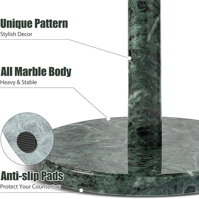 Koville Italian Natural Marble Paper Towel Holder Countertop, Genuine Stone Paper Towel Holder Stand for Kitchen Storage, for Standard or Jumbo-Sized Rolls(Alpi Green) - Image 2
