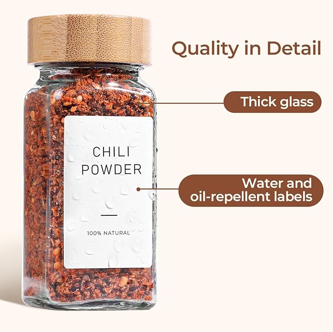 ComSaf 4 oz 6Pcs Glass Spice Jars with Label, Empty Spice Containers with Bamboo Lids, Square Seasoning Containers Trial and Supplement Set, Small Seasoning Bottles for Salt, Herbs, Sugar, Pepper - Image 4