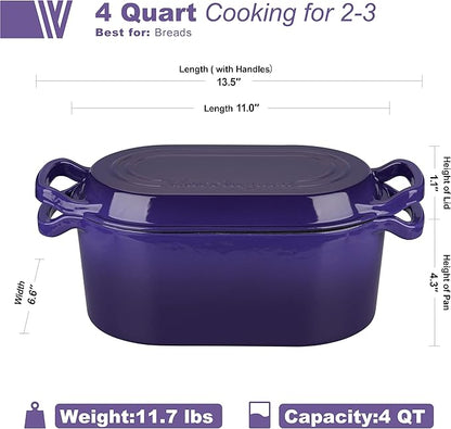 VORRINGARD Oval Dutch Oven Pot with Lid, Enamel Coating Cast Iron Bread Pans for Homemade Sourdough Bread Baking, Cooking, 4 Quart, Purple