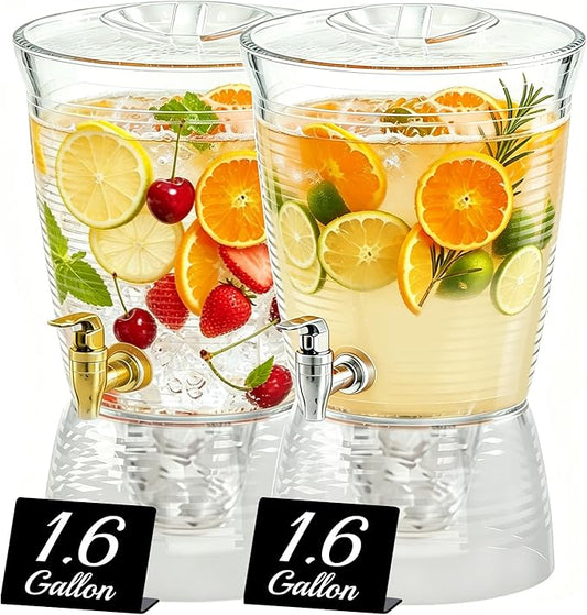 1.6 Gallon Drink Dispenser for Parties, 2 Pack Plastic Beverage Container with Stand for Counter Tops, for Tea,Drinks, Juice, Punch & Water Party Hosting by JHDZDHY
