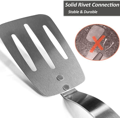 Stainless Steel Flexible Spatula Slotted Turner, XiaoZu Thin Metal Spatula for Cast Iron Skillet, Thin Blade and Heat Resistant Silicone Handle, Great for Egg, Cookie, Meat, Crep, Medium + Large