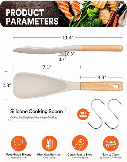 Cooking Spoon for Nonstick Cookwares, Great for Cooking and Serving Sturdy BPA-Free Matte Silicone, Wood Handle Spoon for Mixing, Scoop, and Scrape (2 Pack of Khaki, 11.4 inch) - Image 2
