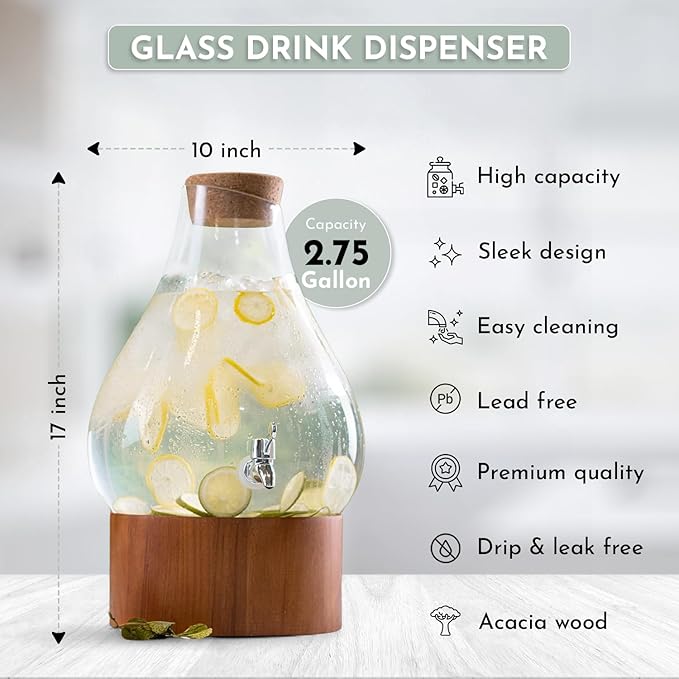 Classic Home Teardrop Clear Glass Ice Cold Beverage Drink Dispenser- 2.75 Gallon, With Cork Lid & Modern Wood Base Leak Proof Spigot- Wide Mouth Easy Filling For Outdoor, Parties & Daily Use - Image 2