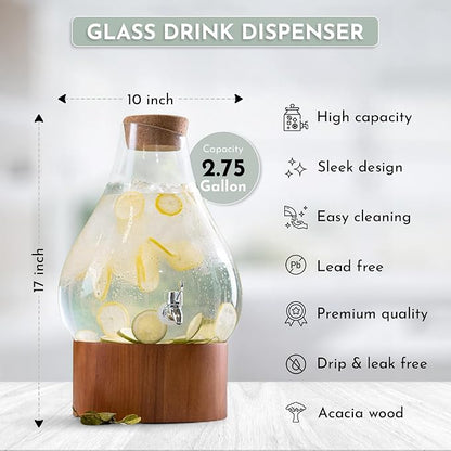Classic Home Teardrop Clear Glass Ice Cold Beverage Drink Dispenser- 2.75 Gallon, With Cork Lid & Modern Wood Base Leak Proof Spigot- Wide Mouth Easy Filling For Outdoor, Parties & Daily Use - Image 2
