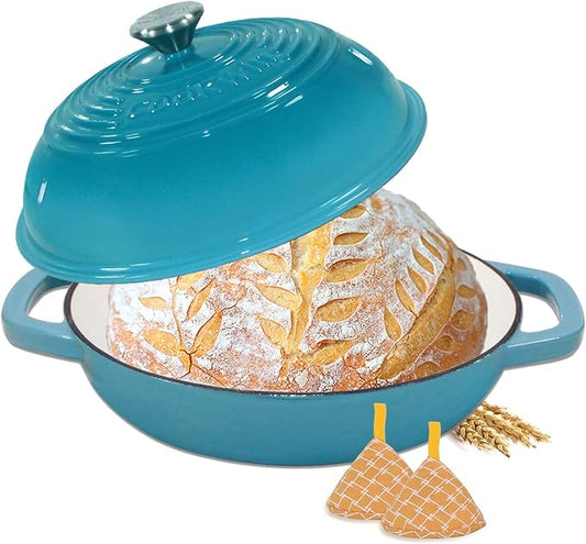 Enameled Cast Iron Bread Oven, 6 Quart Dutch Oven for Bread Sourdough Baking, 11" Thick Enamel Bread Baking Pan Kit with Lid for Stews, Roasts and Gifts for Family, Teal