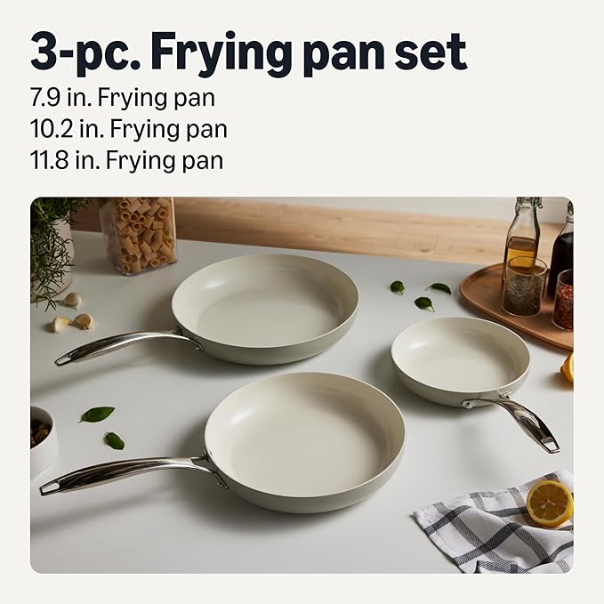 Amazon Basics Ceramic Nonstick Cookware, 3-Piece Set of Frying Pans, All Cooktop Induction Compatible, Dishwasher-Safe, Oven-Safe, Linen Gray - Image 2