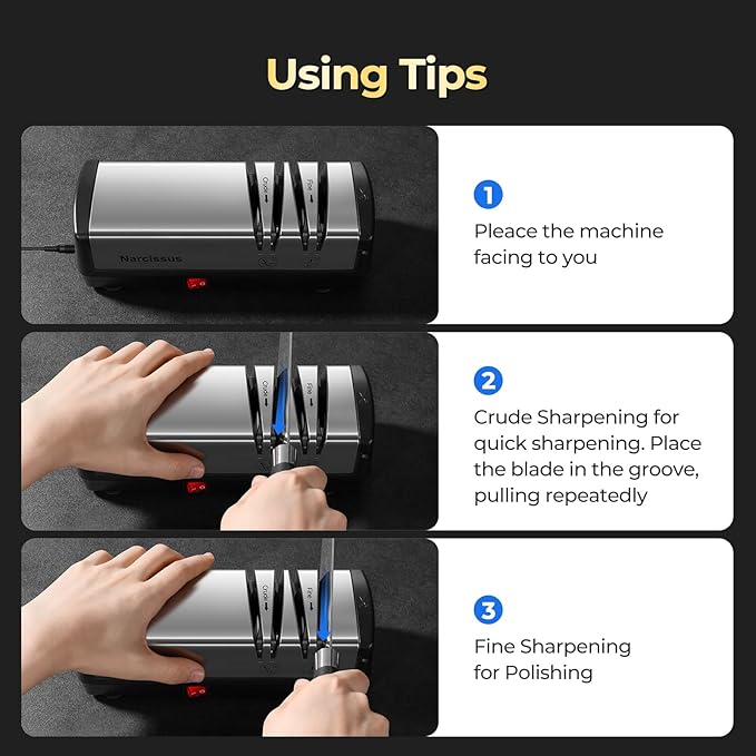 Narcissus Knife Sharpener, Diamond Abrasives Electric Knife Sharpener for Stainless Steel and Ceramic Knives, with Scissors Sharpener & Metal Dust Collection Box, Quick Sharpening & Polishing, Silver - Image 5
