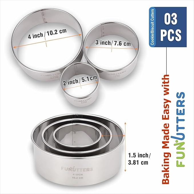Cookie Cutter Set, 3 Pc Kit, Measuring 2'', 3'', and 4'', Round Metal Baking Rings for Pastry, Biscuits, and Dough Cutting, Heavy Duty and Reusable, Multiple Sizes - Image 2