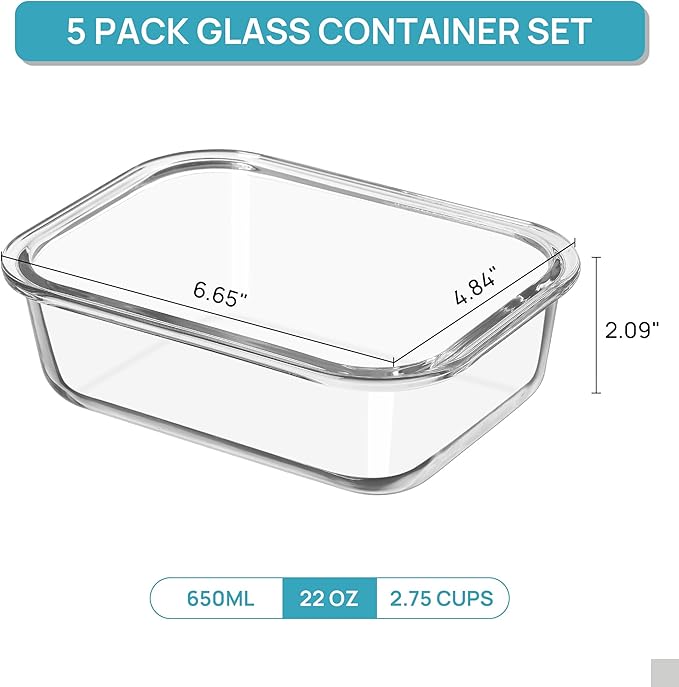 Vtopmart 5Pack 22oz Glass Storage Containers with Lids, Glass Meal Prep Food Container Sets with Snap Airtight Lids for Microwave, Oven, Freezer and Dishwasher, Green - Image 2