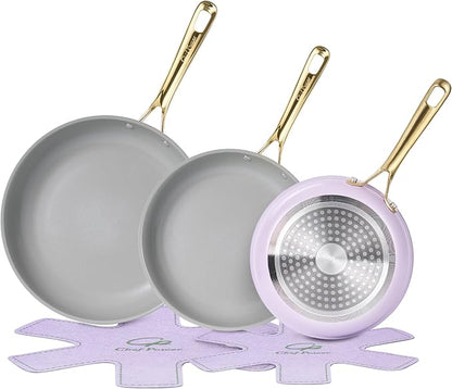 Chef Power Ceramic Frying Pan with Stainless Steel handle 5Pcs Set, Non Stick Grill Pan Set, Dishwasher and Oven Safe, Light Purple and Granite Grey