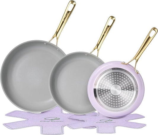 Chef Power Ceramic Frying Pan with Stainless Steel handle 5Pcs Set, Non Stick Grill Pan Set, Dishwasher and Oven Safe, Light Purple and Granite Grey