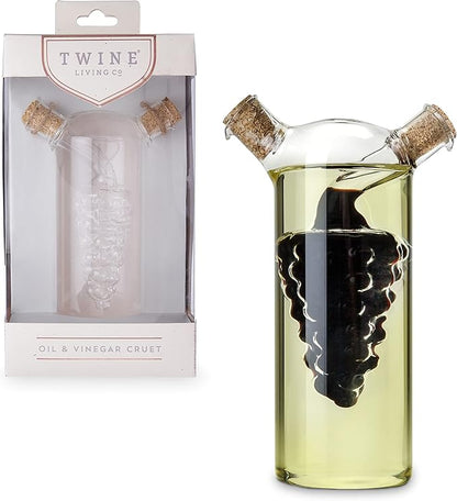Twine 2-In-1 Oil and Vinegar Cruet Bottle with Cork Stoppers, Olive Oil and Balsamic Vinegar Dispenser, Hand Blown Glass, Pack of 1