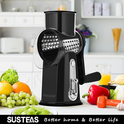 SUSTEAS Rotary Cheese Grater with Handle - Vegetable Shredder with 5 Well-designed Blades & Strong Suction Base,Round Mandoline Slicer & Food Chopper for Kitchen,with Blade Storage Box(Black) - Image 7