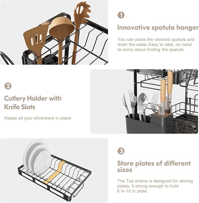 BOOSINY Dish Drying Rack, 2 Tier Large Stainless Steel Black Dish Rack with Drainboard Set for Kitchen Counter, Space Saving Plates Drainer Rack with Cups Holder & Utensil Holder, Dish Strainer Holder - Image 5