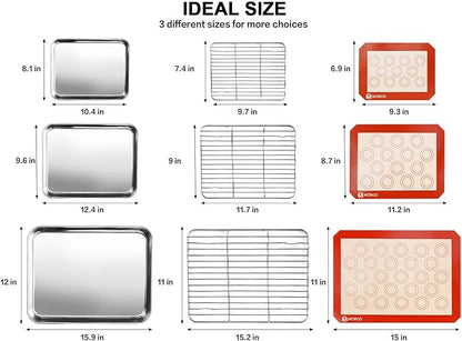 Stainless Steel Baking Sheet Tray Cooling Rack with Silicone Baking Mat Set, Cookie Pan with Cooling Rack, Set of 9 (3 Sheets + 3 Racks + 3 Mats), 10/12/16 Inch, Easy Clean - Image 2
