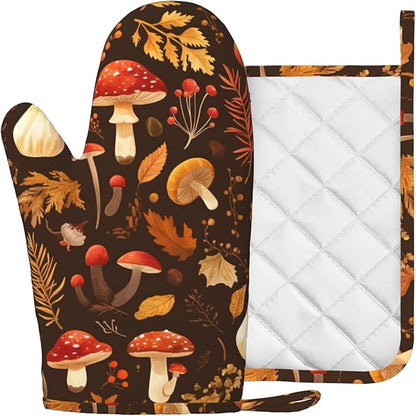 Mushroom Oven Mitts and Pot Holders Sets Vintage Leaf Silicone Kitchen Mitts Potholders Heat Resistant Oven Gloves Hot Pads for Kitchen Baking Cooking