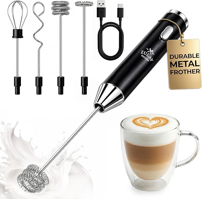 Zulay Kitchen Metal Rechargeable Milk Frother, 3 Whisk Attachments Handheld Frother Wand, 1800mAh USB-C Charging, Electric Drink Mixer for Protein, Matcha & Powders - One Charge Lasts up to 6 Months by ZulayKitchen