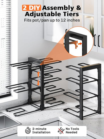 MUDEELA 8-Tier Pots and Pans Organizer under Cabinet, 15.83" Height Heavy Duty Pot Pan Organizer Kitchen Cabinet Organization and Storage, Adjustable Pot Rack for Frying Pan, Cast Iron Skillet, Black - Image 6
