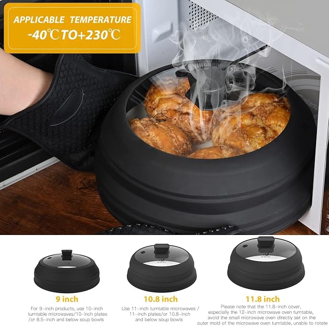 Microwave Splatter Cover Glass Cover Splatter Guard Lid with Collapsible Silicone for Food Cover Plate Cover 10.8 inch 2 Pack Black - Image 2