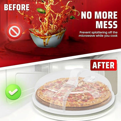 Flexzion 10.5 Inch Microwave Splatter Cover - BPA-Free Anti-Splatter Microwave Cover with Adjustable Steam Vent, Dishwasher Safe, Transparent Plastic Food Covers for Microwave Cooking
