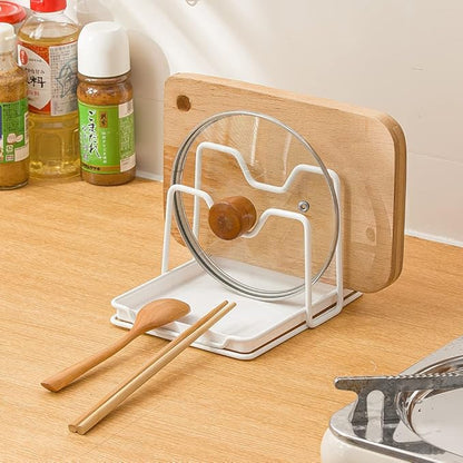 Poeland Pot Lid Holder, 2 Layers Pot Lids Organizer Multifunctional Lid and Spoon Rest Rack with Drip Tray for Lids, Spatulas, Spoons, Cutting Boards