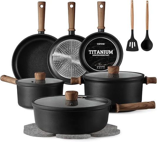 CAROTE Nonstick Pots and Pans, Induction Titanium Cookware Set 16pcs Kitchen Cooking Sets, Pot and Pan Non Stick w/Frying pan (PFOS, PFOA Free) by CAROTE