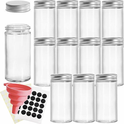 Tebery 12 Pack Round Spice Bottles 3oz Glass Spice Jars with Silver Metal Lids, Shaker Tops, Wide Funnel and Labels by Tebery