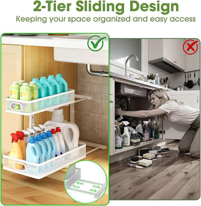Under Sink Organizer 2-Pack, Metal 2-Tier Pull-Out Cabinet Shelf with Slide-Out Mesh Drawers, Height Adjustable, Space-Saving Under Sink Storage Racks for Kitchen, Bathroom, Laundry Room, White