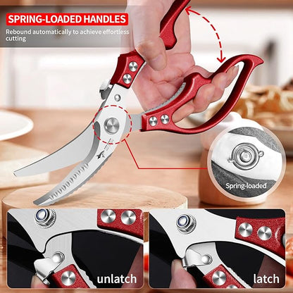 MAD SHARK Professional Heavy Duty Poultry Shears - Kitchen Shears for Spatchcocking Chicken and Meat Cutting, Multi-Purpose Kitchen Scissors for Food, Spring-loaded (Red) - Image 5