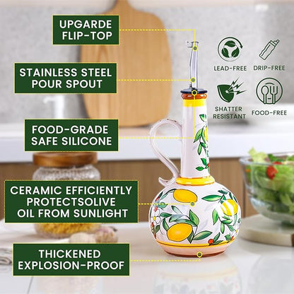 Ceramic Olive Oil Dispenser Bottle – 18.3 oz Oil Cruet with Spout and Handle, Lemon Pattern, 10.2” Tall – Non-Drip Pourer for Kitchen Counter, Salad Dressing, Vinegar, Decorative Oil Container - Image 4