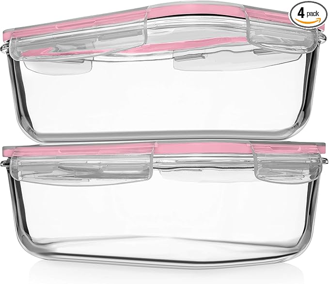 Razab 4 PC 1860ml / 63 Oz / 8 Cups Large Glass Food Storage Containers with Lids - Glass Meal Prep Containers for Roasting & Storing Leftover, Lunch Container with Lids, Microwave & Oven Safe by RazabHomeGoods