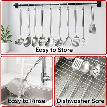 Newness 11 Pcs Cooking Utensils Set, 304 Stainless Steel Kitchen Utensils Set, Metal Kitchen Accessories, Include Soup Ladle, Slotted Skimmer Spoon, Spaghetti Spoon and Spatula, Dishwasher Safe
