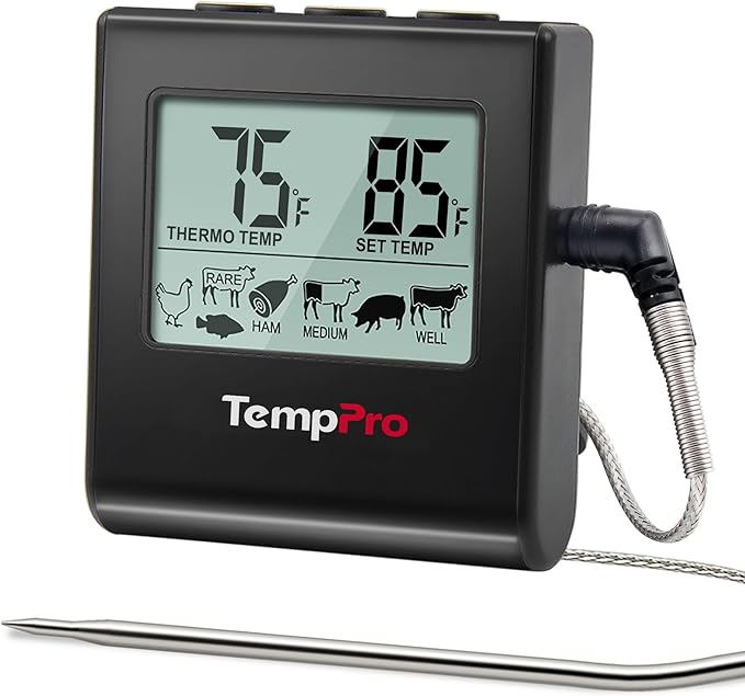 TempPro TP16 Large LCD Digital Meat Thermometer for Cooking, Smoking, Grilling, BBQ Food Temperature Indicator with Clock Timer and Stainless Steel Probe, Black(Previously ThermoPro) by TempPro