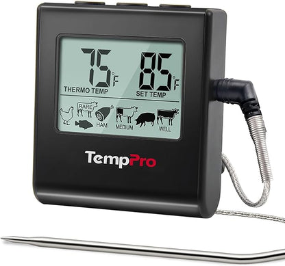 TempPro TP16 Large LCD Digital Meat Thermometer for Cooking, Smoking, Grilling, BBQ Food Temperature Indicator with Clock Timer and Stainless Steel Probe, Black(Previously ThermoPro) by TempPro