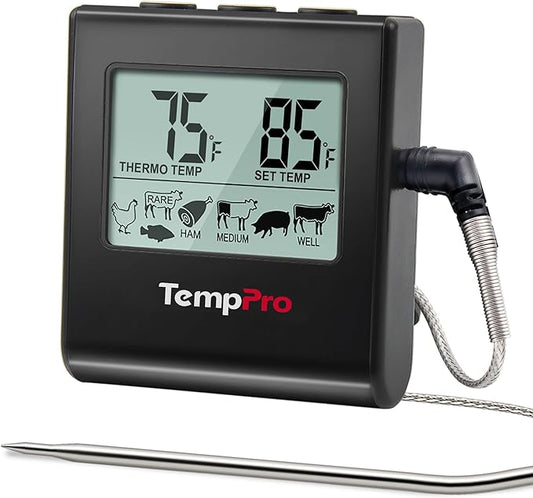 TempPro TP16 Large LCD Digital Meat Thermometer for Cooking, Smoking, Grilling, BBQ Food Temperature Indicator with Clock Timer and Stainless Steel Probe, Black(Previously ThermoPro) by TempPro