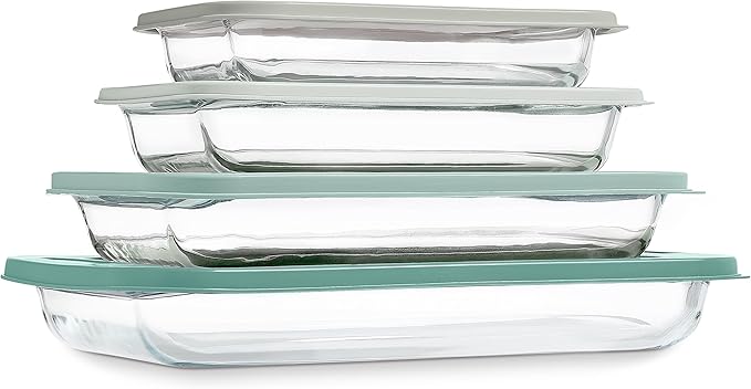 COOK WITH COLOR 8-Piece Deep Glass Baking Dish Set with Plastic Lids – Casserole and Food Storage Containers for Lasagna, Leftovers – Freezer-to-Oven, Microwave & Dishwasher Safe, Sage by CookwithColor