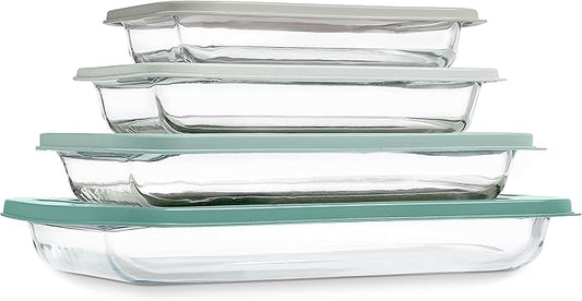 COOK WITH COLOR 8-Piece Deep Glass Baking Dish Set with Plastic Lids – Casserole and Food Storage Containers for Lasagna, Leftovers – Freezer-to-Oven, Microwave & Dishwasher Safe, Sage by CookwithColor