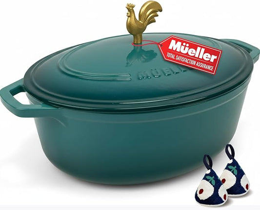 MUELLER HOME 5.5 Quart Enameled Cast Iron Oval Dutch Oven with Rooster Knob and Cotton Potholders, Heavy-Duty Cookware, Oven-Safe up to 500° F & Across All Cooktops, Thanksgiving Essentials, Emerald by MUELLERHOME