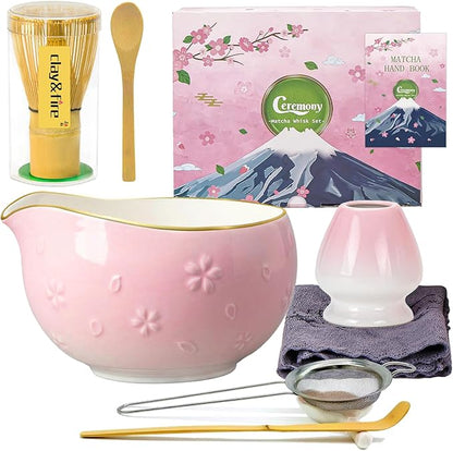 Clay&Fire Matcha Whisk Set, 9 pcs Ceramic Matcha Set, Gifts for Women,Matcha Bowl with Spout and Whisk, Matcha Kit for Matcha Lovers, Ideal Gift Christmas, Birthday, Anniversary (Cherry Bloom-Pink) by FocusonMatchaWhiskSet