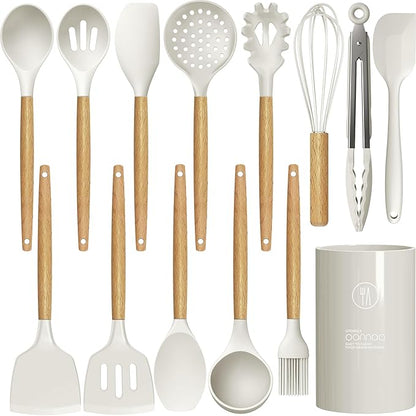oannao Silicone Cooking Utensils Set - 446°F Heat Resistant Silicone Kitchen Utensils for Cooking,Kitchen Utensil Spatula Set w Wooden Handles and Holder for Non-Stick Cookware (Cream White) - Image 8