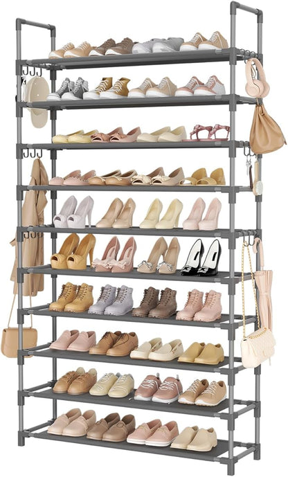 LANTEFUL Tall Shoe Rack 10 Tier Shoe Organizer Large Shoe Shelf with 18 Hooks Storage for 50 Pair Sneaker and Boot, Stackable Vertical Shoe Rack Organizer for Closet, Entryway, Bedroom, Grey by LANTEFULforTidyingHouse