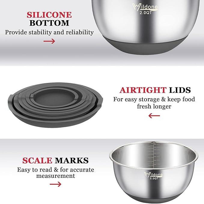 Wildone Mixing Bowls with Airtight Lids, 22 PCS Stainless Steel Mixing Bowls Set, 3 Grater Attachments, Measurement Marks & Non-Slip Bottom, Size 5, 4, 3, 2,1.5, 0.63QT, Ideal for Mixing & Prepping
