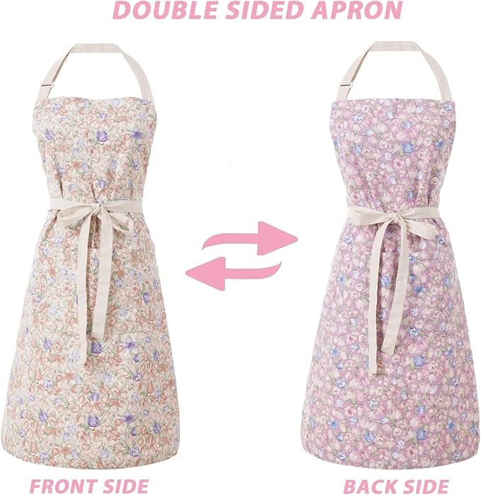 Aoomzoon Kitchen Aprons for Women with 2 Pockets,Double Sided Vintage Adjustable Apron for Gardening Cooking Arting Painting - Image 4