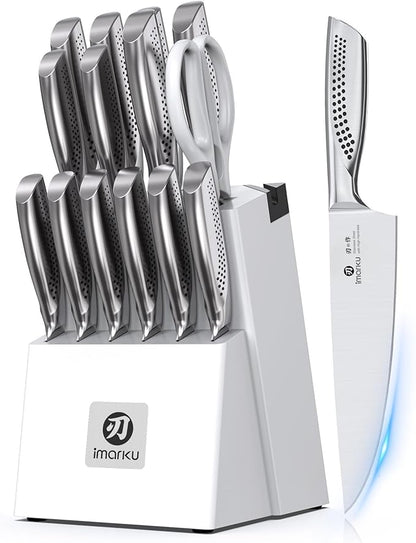 imarku® Knife Set, Japanese HC Stainless Steel 15 PCS Kitchen Knife Set With Block With Built-in Sharpener, Razor-Sharp Blade Knife Block Set With Dotted Ergomomic Handle, Best Birthday Gifts, White by imarku