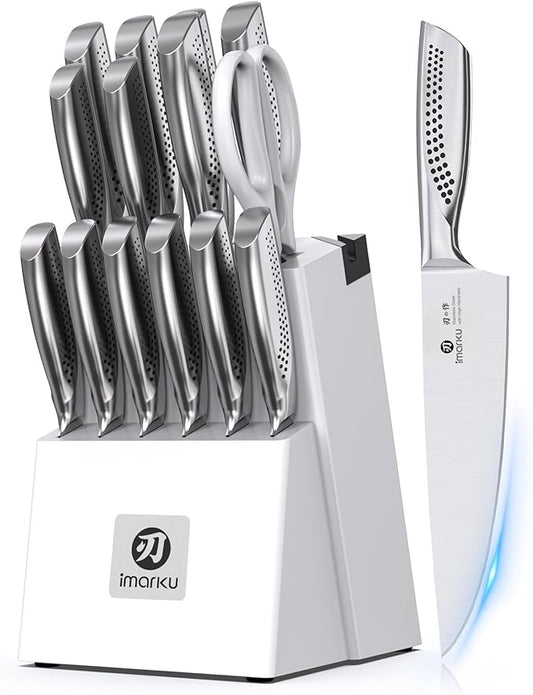 imarku® Knife Set, Japanese HC Stainless Steel 15 PCS Kitchen Knife Set With Block With Built-in Sharpener, Razor-Sharp Blade Knife Block Set With Dotted Ergomomic Handle, Best Birthday Gifts, White by imarku