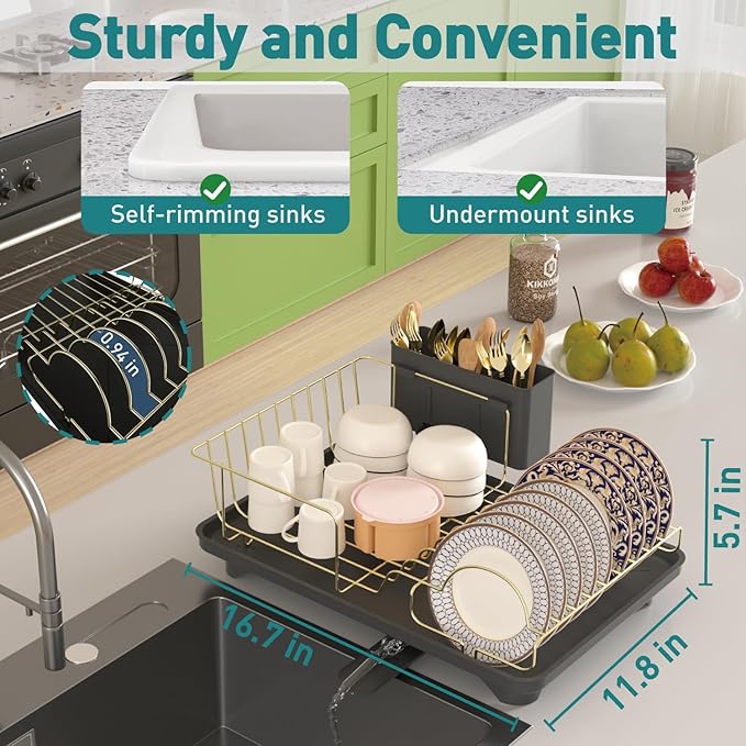 Buruis Dish Drying Rack for Kitchen Countertop, Large Capacity Gold Stainless Steel Dish Drainer with Anti-Slip Rubber Feet, Removable Drain Board and Utensil Holder (Black Tray) - Image 3