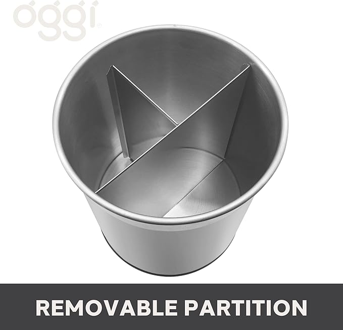 Oggi Jumbo Stainless Steel Rotating Utensil Holder with Removable Divider - Stylish kitchen cooking utensil organizer. Height 7.5". - Image 2