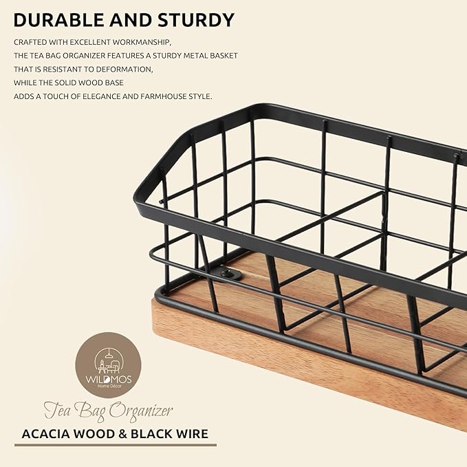 WILDMOS Tea Bag Organizer,Iron Wire Basket with Wooden Base.Tea Storage Containers with 3 Slots,Sugar Packet,Tea Bar Accessories for Countertop Cabinet Drawer. - Image 3