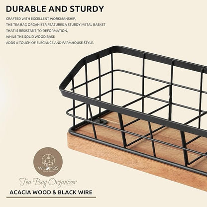 WILDMOS Tea Bag Organizer,Iron Wire Basket with Wooden Base.Tea Storage Containers with 3 Slots,Sugar Packet,Tea Bar Accessories for Countertop Cabinet Drawer. - Image 3