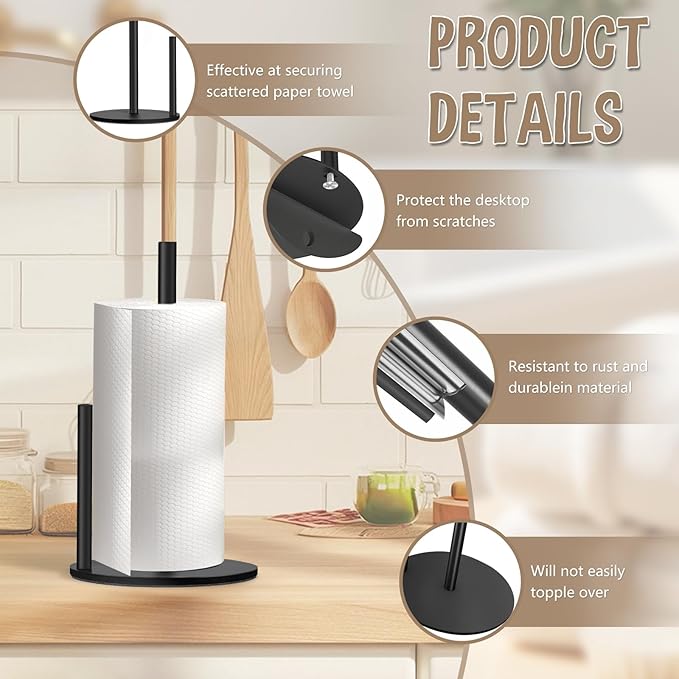 Paper Towel Holder Countertop, Premium Stainless Steel Black Paper Towel Holder with Anti Slip & Waterproof, Freestanding Countertop Paper Towels Holder for Kitchen, Tabletop, Bathroom - Image 3